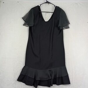 CDC Evening Dress Womens 12 Black Sheer Flutter Sleeve Ruffle Hem V-Neck Party